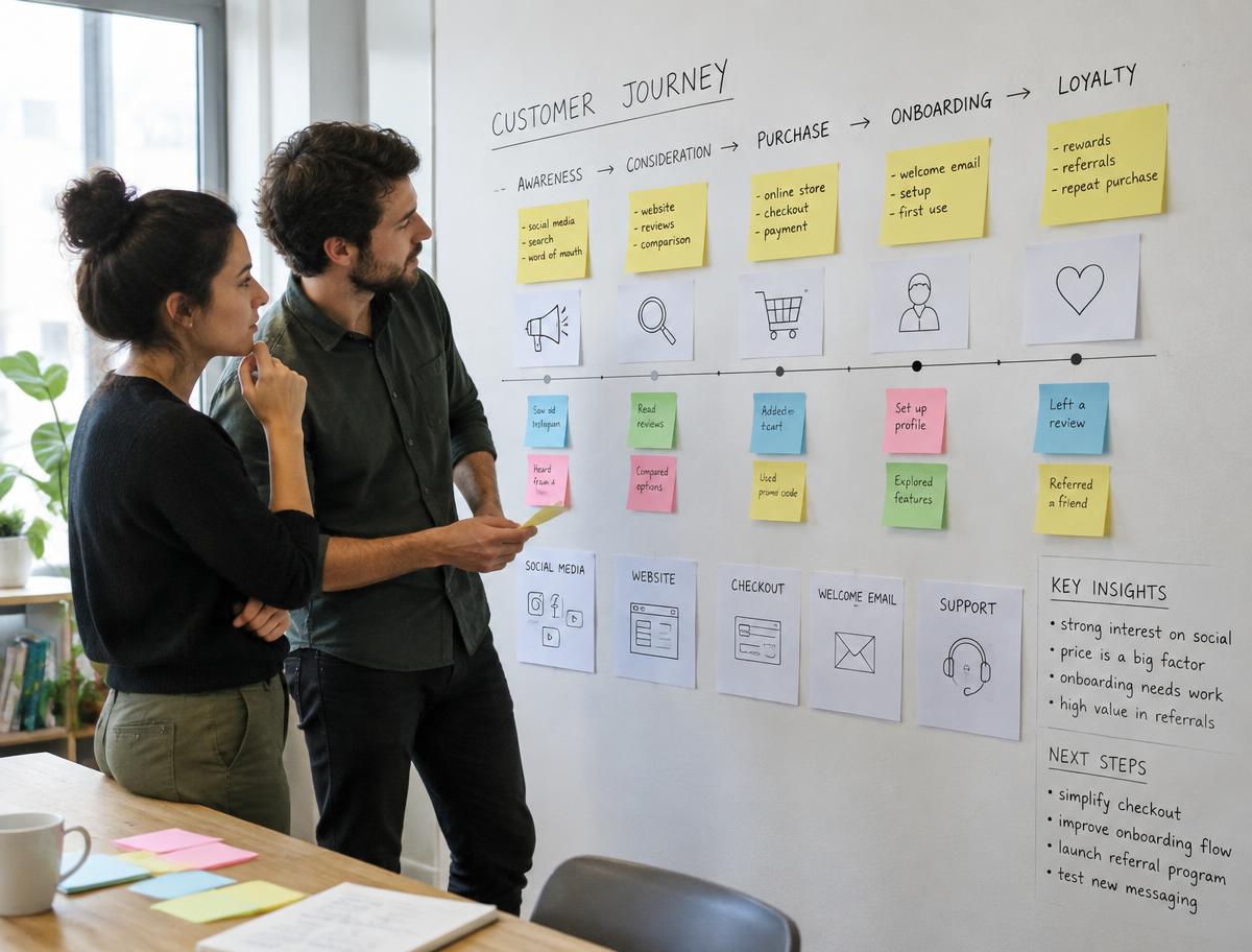Profesionales analizando un Customer Journey con notas en la pared
