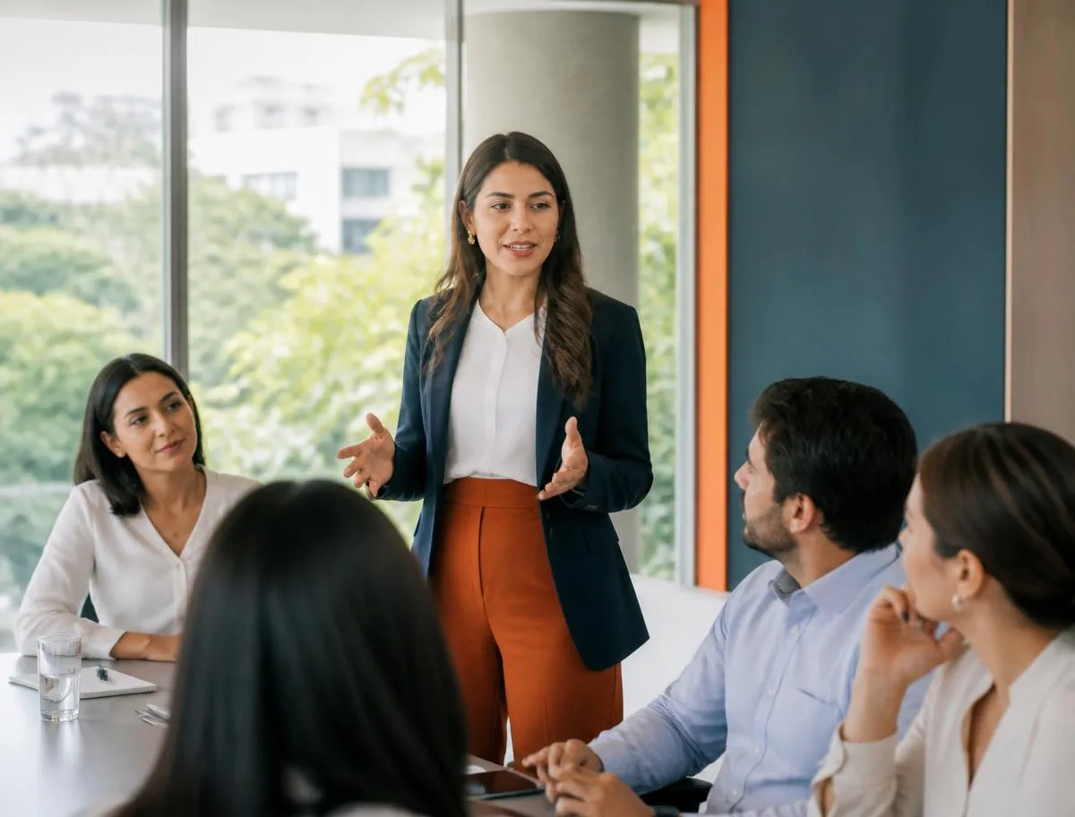 Facilitadora trabajando con un equipo empresarial