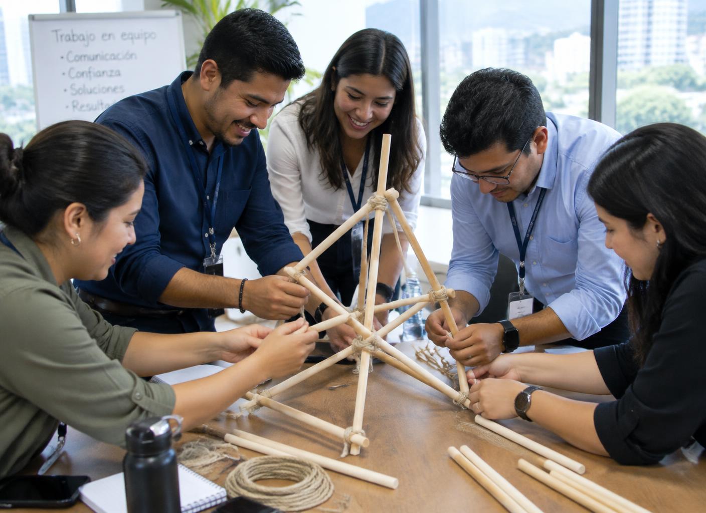 Equipo colaborando en una actividad de team building
